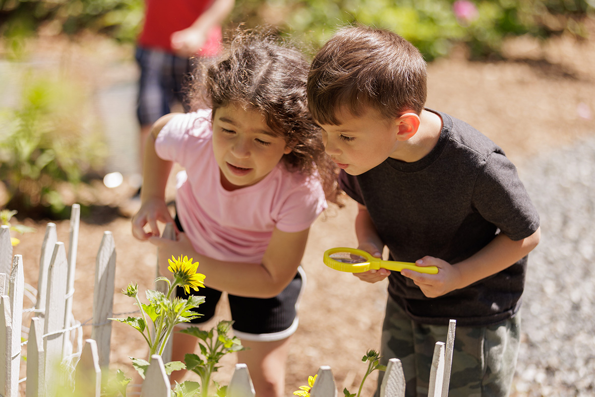 Children exploring a garden with a yellow magnifying glass, observing flowers and plants near a white picket fence. The outdoor setting features bright sunlight, green foliage, and a gravel pathway, creating a hands-on learning environment focused on nature and STEM activities.