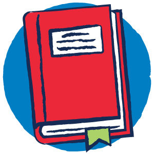 A marker drawing of a red book with a green bookmark hanging out of the bottom on a blue circle background.