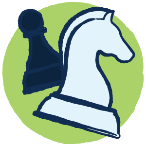 Drawing of a knight and pawn chess pieces on a green circular background.
