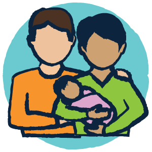 A family with the mother and father holding their baby on a turquoise circular background.