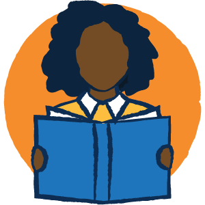 A simple drawing of teacher reading an open blue book on an orange circular background.