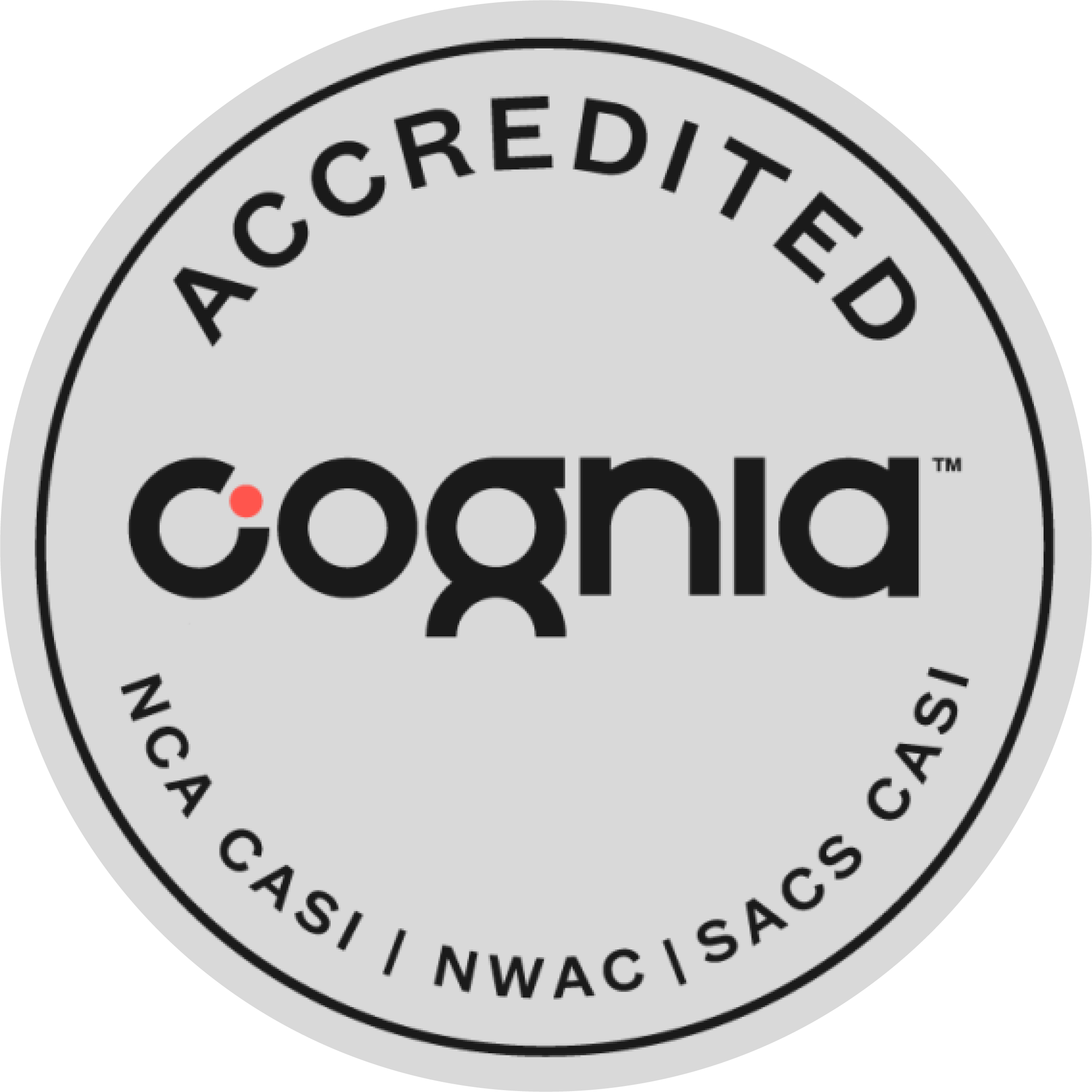 A gray circular logo for Cognia Accrediation.