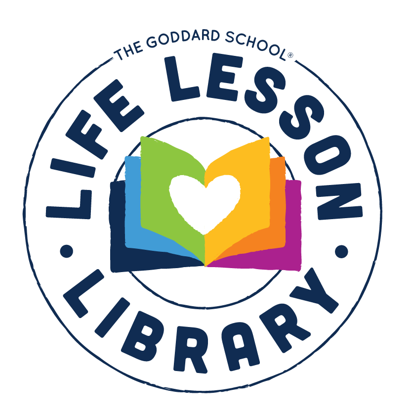 A logo of The Goddard School's Life Lesson Library with a colorful book that has a heart in the center.