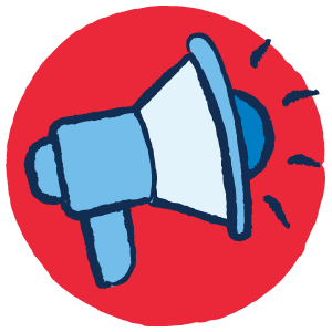 Simple drawing of a blue and white megaphone on a red, circular background