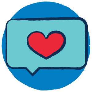 A marker drawing of a blue speech bubble with a red heart inside, indicating feedback and communication.
