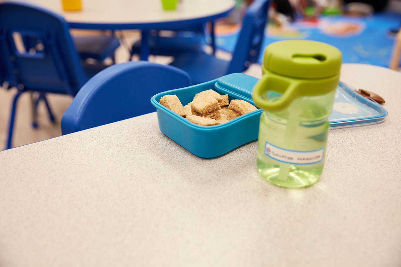 A blue, reusable container filled with food and a green plastic water bottle.