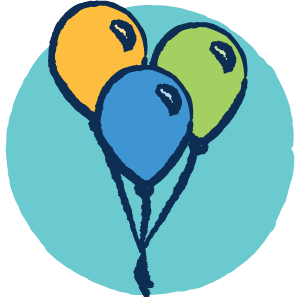 A bundle of three balloons, one blue, one green, and one yellow.
