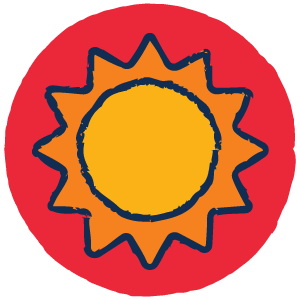Orange and yellow cartoon drawing of the sun against a red, circular background.