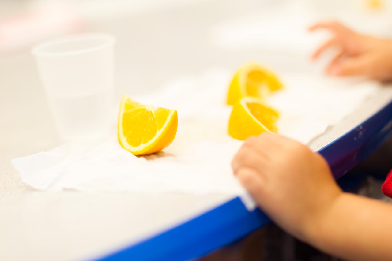 The hands of a young child at a table with a cup of water and some orange slices.